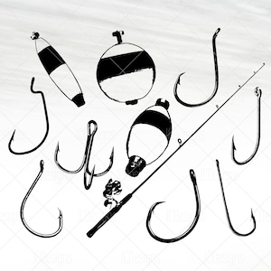 May include: Black and white illustration of fishing equipment, including a fishing rod, bobbers, and hooks.