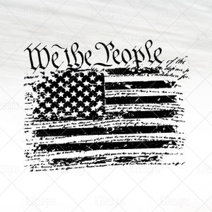 Puede incluir: Gr&aacute;fico en blanco y negro desgastado de la bandera estadounidense con las palabras "We the People" arriba.
