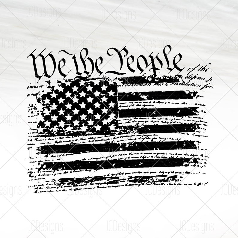 Puede incluir: Gr&aacute;fico en blanco y negro desgastado de la bandera estadounidense con las palabras "We the People" arriba.