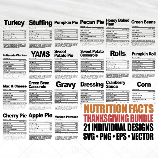21 Thanksgiving Nutrition Food Facts Bundle - Thanksgiving Holiday Christmas Party Funny - Svg Eps Png Vector Cutfile - Digital Design
