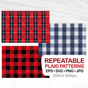 Könnte beinhalten: Drei digitale Papiermuster mit rotem und schwarzem Karomuster, rotem und schwarzem Buffalo-Karo und blauem und weißem Gingham. Die Muster sind mit "Wiederholbare Karomuster" und "EPS, SVG, PNG, JPG 2000 x 3000px" beschriftet.