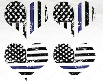 May include: Four distressed American flag designs in the shape of a heart and a circle. Each design features a thin blue line across the bottom.
