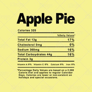 Könnte beinhalten: Gelbe Grafik mit den Worten "Apple Pie" in fetter schwarzer Schrift. Darunter befindet sich ein Nährwertkennzeichen, das Kalorien, Fett, Cholesterin, Natrium, Kohlenhydrate und Proteingehalt detailliert. Das Etikett enthält auch Prozentsätze der Tageswerte.