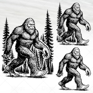 May include: A black and white illustration depicting Bigfoot, the legendary creature, walking. The image shows three versions of Bigfoot, with detailed fur and facial features, set against a backdrop of stylised pine trees.