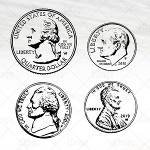 US Currency Coins Penny Nickel Dime Quarter Money Svg Eps Png Vector Digital Design image 1