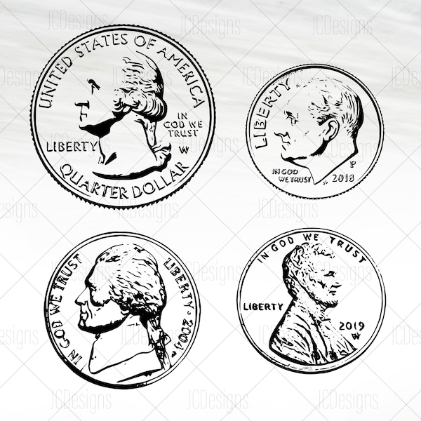 US Currency Coins - Penny Nickel Dime Quarter Money - Svg Eps Png Vector - Digital Design