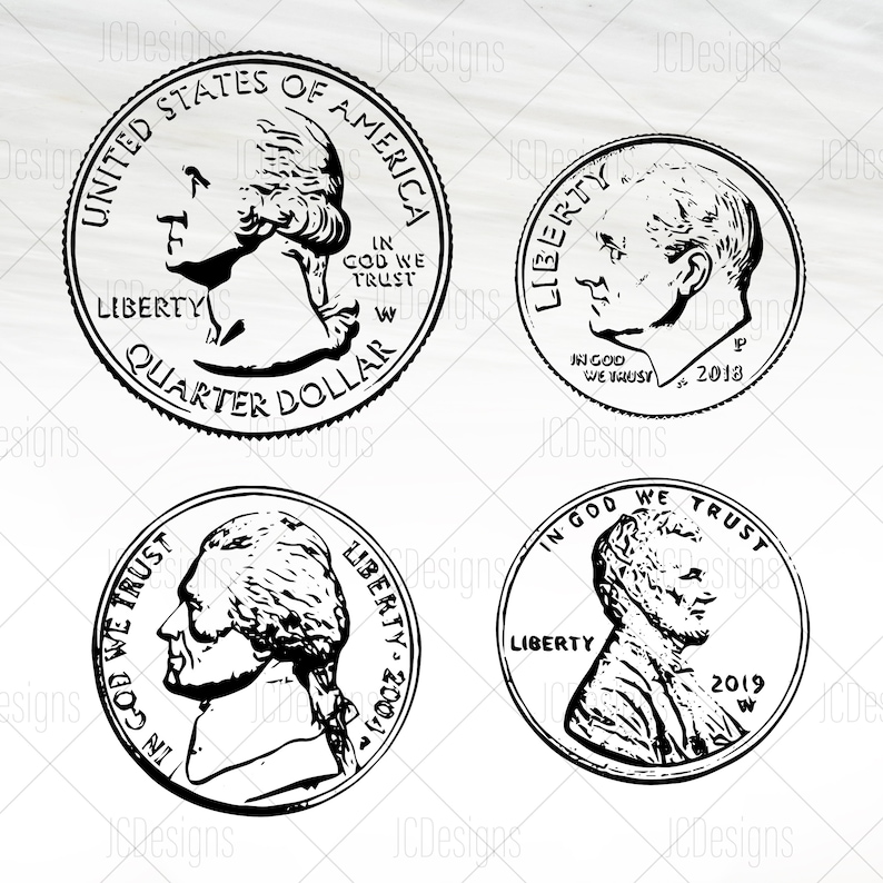 US Currency Coins Penny Nickel Dime Quarter Money Svg Eps Png Vector Digital Design image 1