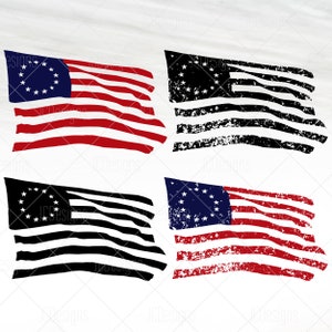 May include: Four variations of a distressed American flag with 13 stars in a circle. The flags are in red, white, and blue, black and white, and blue and white. The flags are all distressed and have a grunge effect.