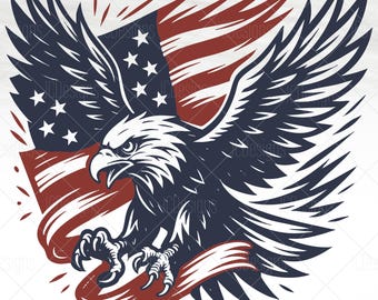 Pode incluir: Ilustração detalhada de uma águia careca americana com as asas abertas, contra uma bandeira americana a ondear. A águia é retratada em tons de azul marinho e branco, com a bandeira em vermelho e azul marinho. O design tem um toque vintage e patriótico.