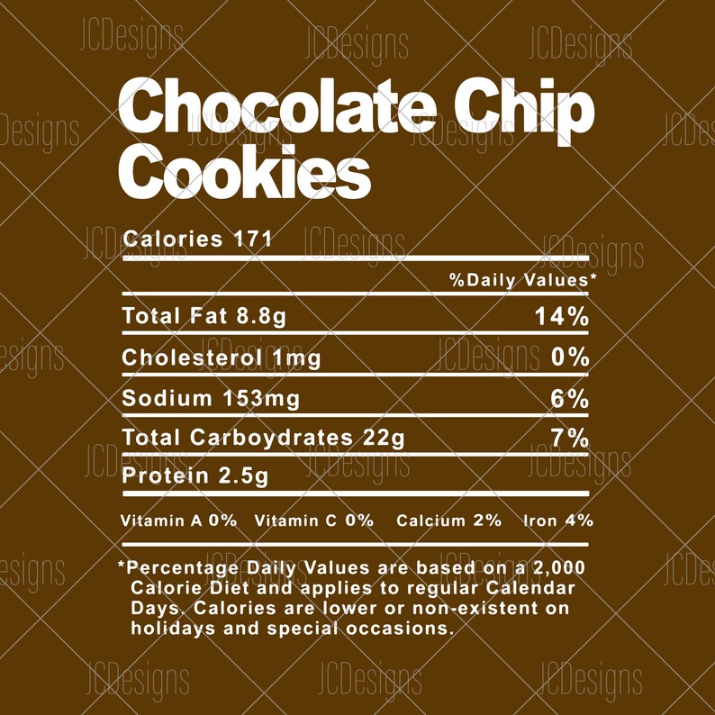 Chocolate Chip Cookies Food Nutrition Facts SVG Holiday Etsy