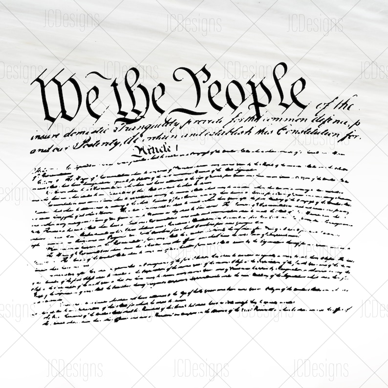 May include: A black and white image of the beginning of the United States Constitution. The text reads "We the People" and continues with the preamble to the Constitution.