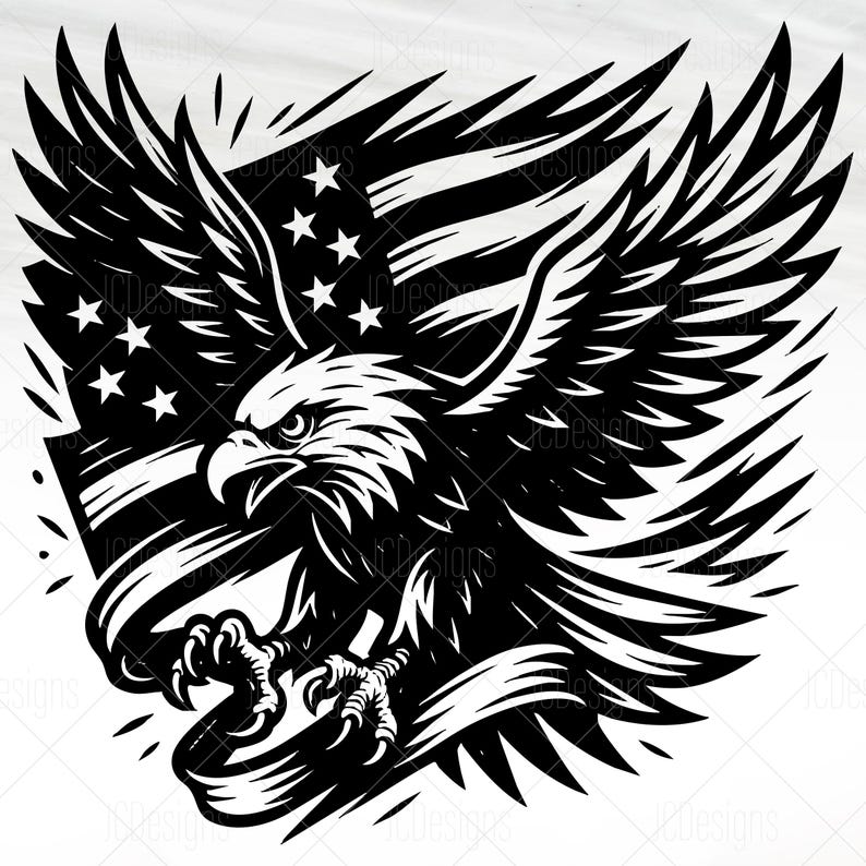 Pode incluir: Gr&aacute;fico a preto e branco de uma &aacute;guia careca americana com as asas abertas, segurando uma faixa. A &aacute;guia est&aacute; definida contra um fundo da bandeira americana, com estrelas e listras. O design &eacute; arrojado e patri&oacute;tico.
