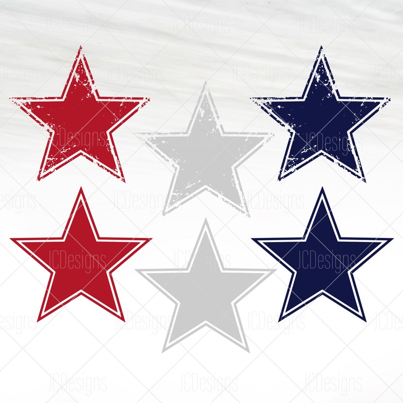 May include: Five distressed star shapes in red, blue, and gray. The stars have a white background.