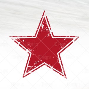 May include: A red five-pointed star with a white outline. The star has a distressed, vintage look, as if it were a rubber stamp.