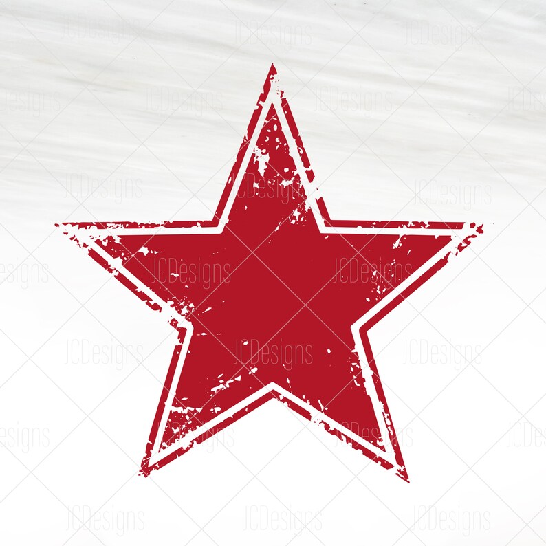 May include: A red five-pointed star with a white outline. The star has a distressed, vintage look, as if it were a rubber stamp.