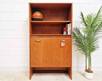 May include: A tall wooden cabinet with a light brown wood grain finish, featuring an open top shelf containing a round orange and brown object and several books, and a lower section with two doors, recessed handles, and a G-Plan brand tag.