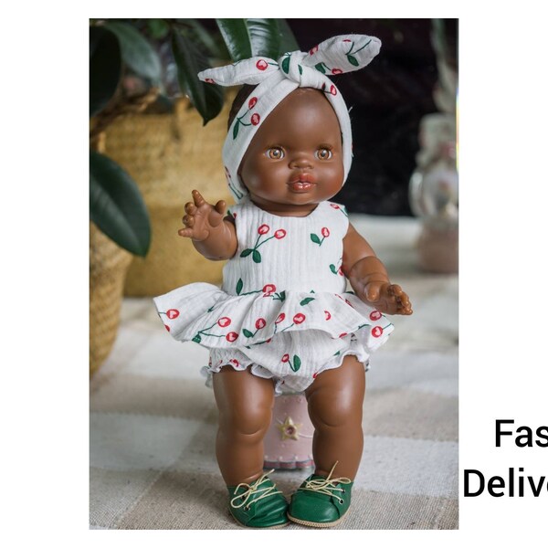 Clothing set for 13 inches (34 cm) Paola Reina Gordi. Muslin headband, panties and top for Gordi. Paola Reina clothes. Cherry doll clothes
