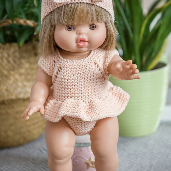 Knitted bodysuit and headband for: Minikane, Paola Reina Gordi dolls. Paola Reina clothes. Miniland doll knitted clothes.