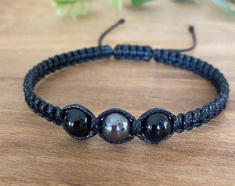 Triple Protection Bracelet for Men - Black Tourmaline, Agate & Hematite Macrame Bracelet