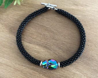 Swarovski Crystal Scarab Bracelet: Black Seed Bead Kumihimo, Egyptian Style