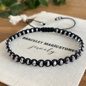 Hematite Macrame Bracelet: Braided Silver Crystal Jewelry