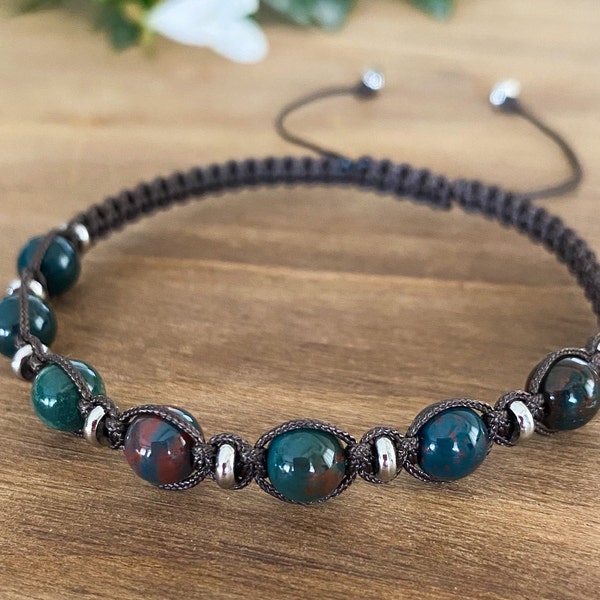 Bloodstone bracelet mens Macrame bead bracelet Thread gemstone bracelet