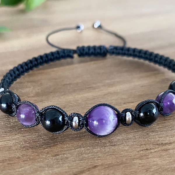 Black tourmaline amethyst macrame bracelet, Crystal thread bracelet for men women Empath protection bracelet Shamballa