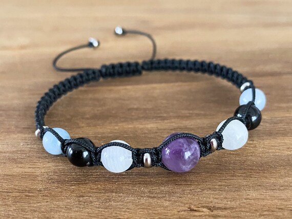 Black Tourmaline Amethyst Rainbow Moonstone Aquamarine Macrame Bracelet  Thread Crystal Bracelet for Men Women Empath Protection Bracelet 