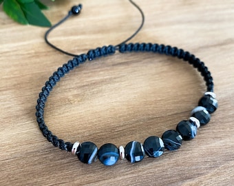 Black agate bracelet Mens women Crystal thread macrame bracelet Black cord bracelet