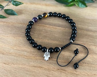 Black Tourmaline Protection Bracelet, Tiger Eye Amethyst Obsidian , Handmade Adjustable Crystal Bracelet