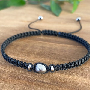 Hematite Macrame Bracelet: Braided Stone, Adjustable Protective Jewelry