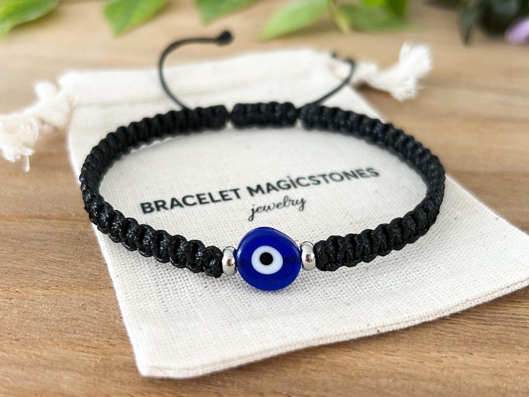 Jewel String Men's Black String Evil Eye Bracelet: Stainless Steel Protection ...