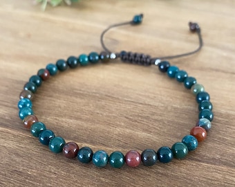 Bloodstone Beaded Bracelet, Stainless Steel, March Birthstone
