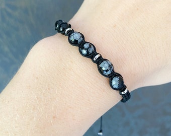 Snowflake obsidian macrame bracelet Crystal thread bracelet for men women Black cord bracelet Shamballa