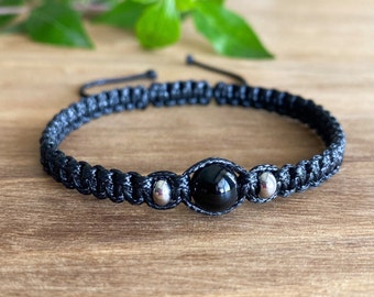 Black tourmaline bracelet for men Empath protection bracelet Adjustable macrame crystal bracelet Black cord jewelry