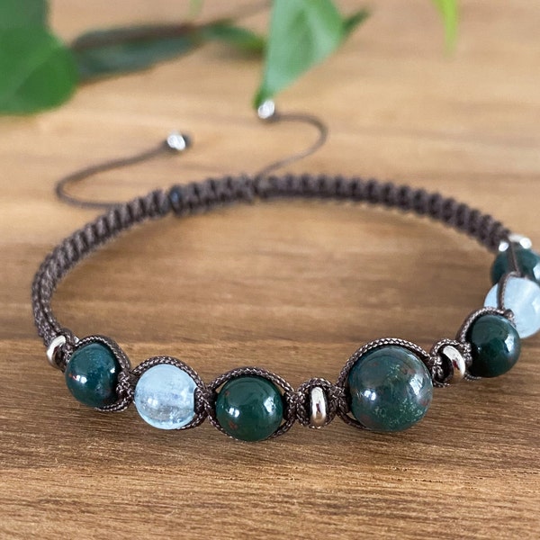 Bloodstone Aquamarine macrame bracelet Dragon bloodstone bracelet Braided bracelet with crystal Protection Grounding