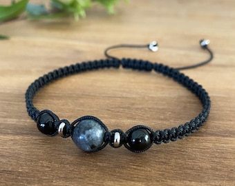 Black tourmaline labradorite bracelet Macrame crystal bracelet Empath protection bracelet