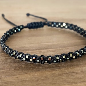 Hematite macrame bracelet Gemstone thread bracelet Healing crystal bracelet for women men Black cord jewelry
