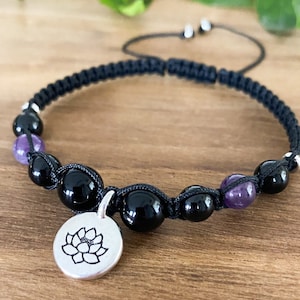 Black Tourmaline Amethyst Bracelet Women’s, Lotus Flower Bracelet, Macrame Beaded Bracelet, Empath Protection Bracelet