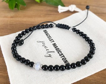 Rainbow Moonstone with Black Onyx Bracelet Men Women , 4 mm Gemstone Beaded Bracelet, Birthstone Jewelry