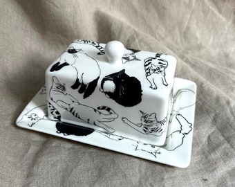 Dainty Fine Bone China Butter Dish with Cat Design