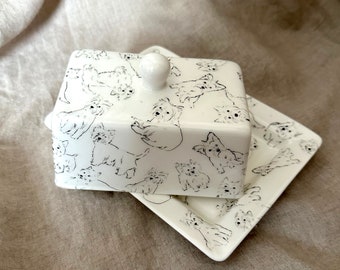 Dainty Fine Bone China Butter Dish with Westie Dog Design