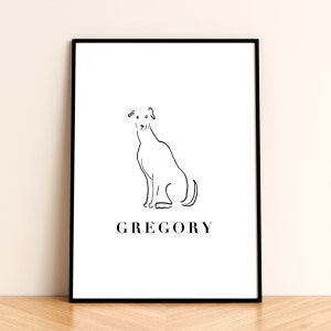 Personalised Greyhound or Whippet Dog Poster – Custom Name Illustration Print, A4/A3 Sizes, Ideal Gift for Sighthound Lovers
