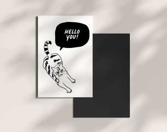 Biglietto d'auguri con gatto che si allunga - Grazioso design di gatto, biglietto vuoto A6 per gli amanti dei gatti, con busta inclusa