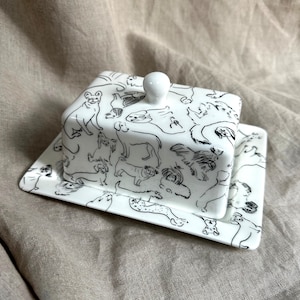 Dainty Fine Bone China Butter Dish with Dog Doodles Design