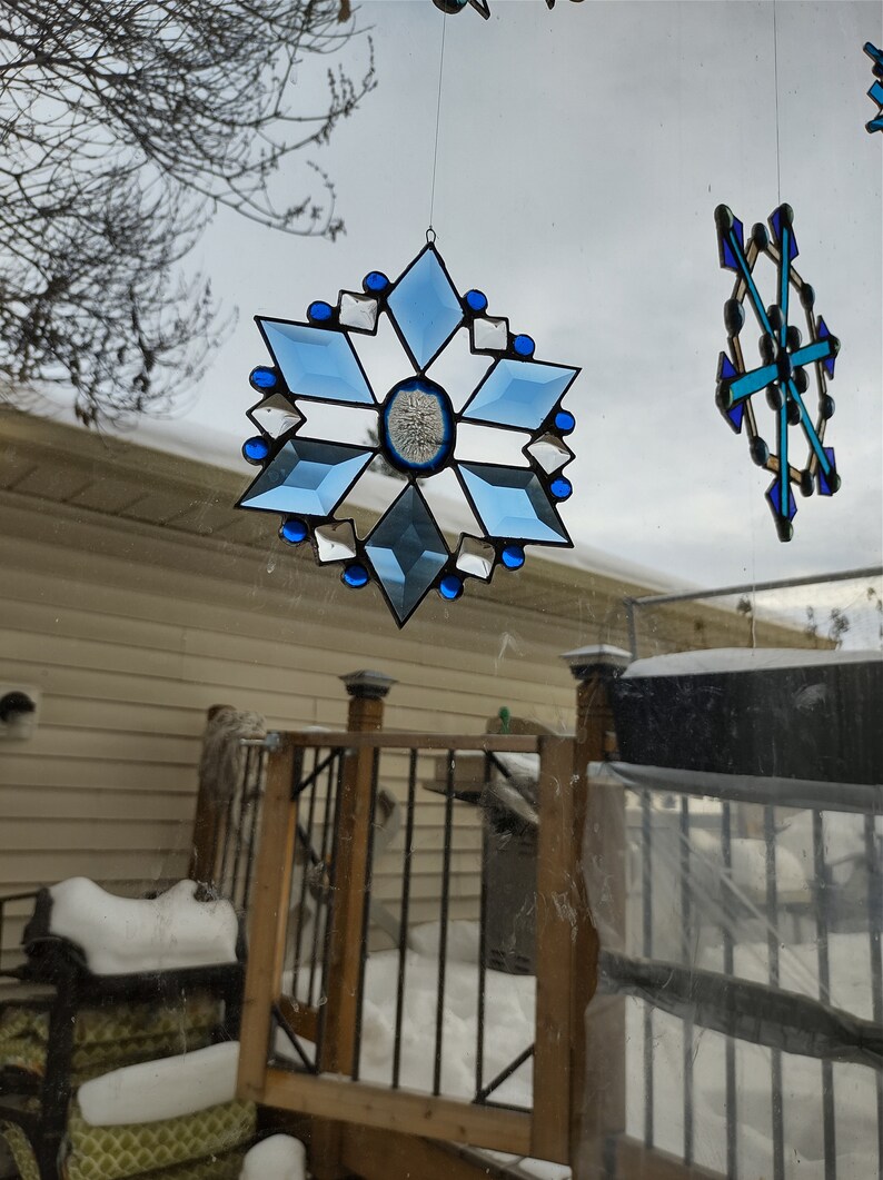 Stained Glass Snowflake Ornament Suncatcher Agate Bevels