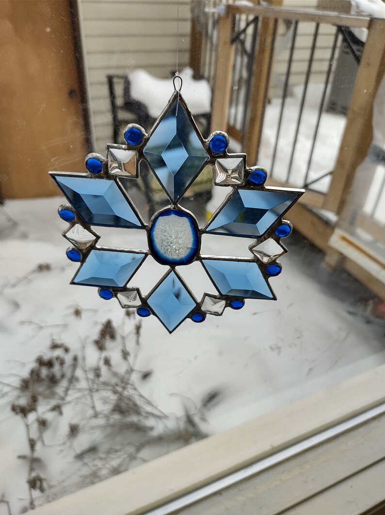 Stained Glass Snowflake Ornament Suncatcher Agate Bevels