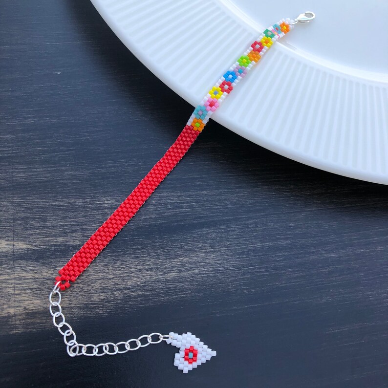 Red Flower Beaded Bracelets White Seed Bead Bracelet Women Etsy