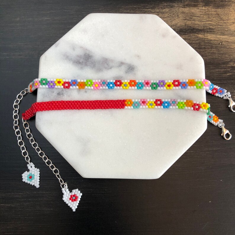 Red Flower Beaded Bracelets White Seed Bead Bracelet Women Etsy