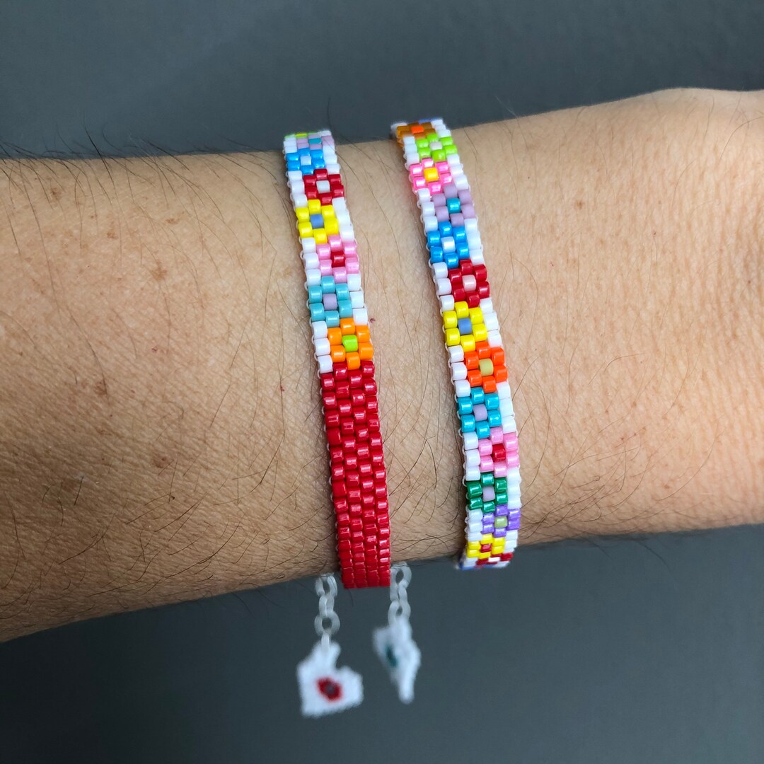 Red Flower Beaded Bracelets White Seed Bead Bracelet Women Etsy
